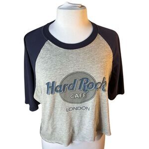 Vintage Hard Rock Cafe London Baseball Shirt. Cropped, L. Grey and Navy